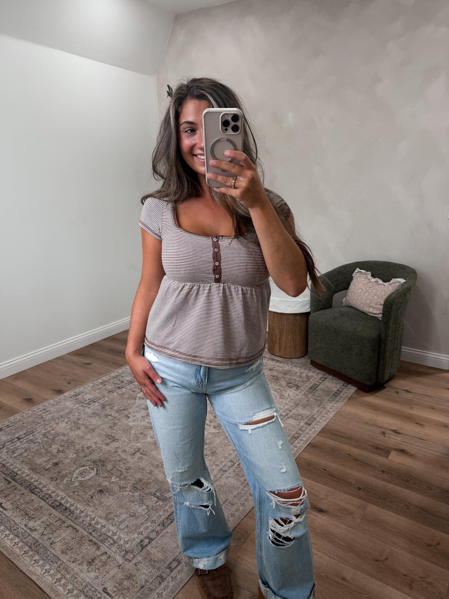 Maggie Striped Babydoll Tee - cocoa/cream