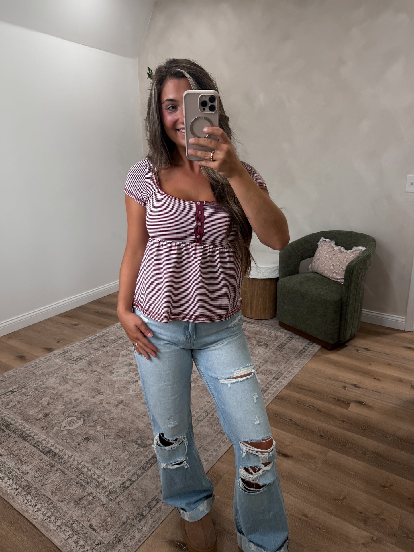 Maggie Striped Babydoll Tee - wine/soft white