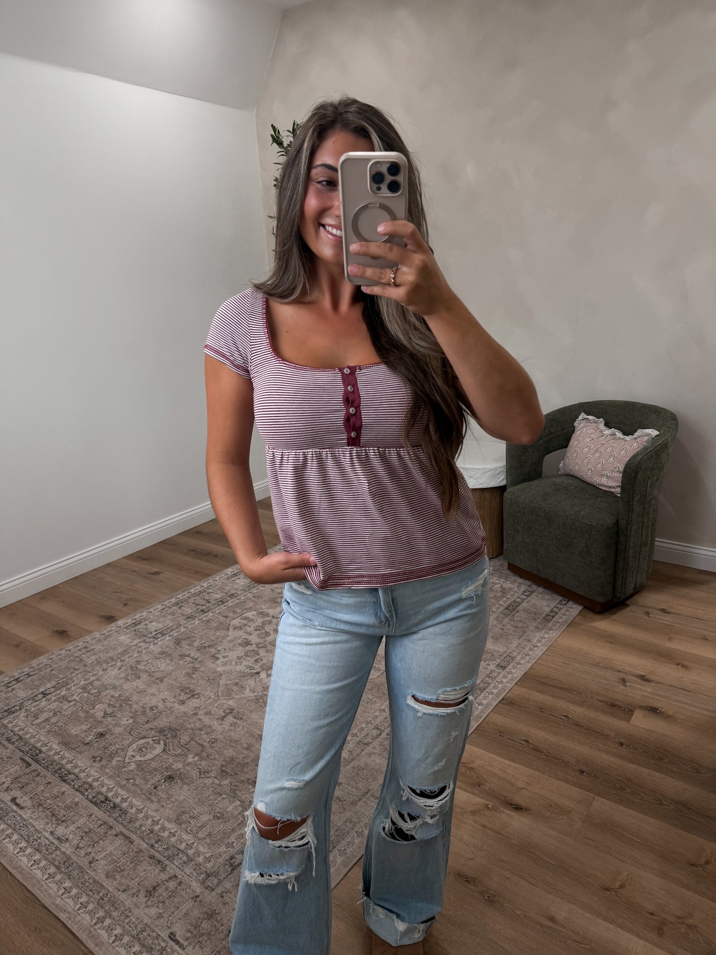 Maggie Striped Babydoll Tee - wine/soft white