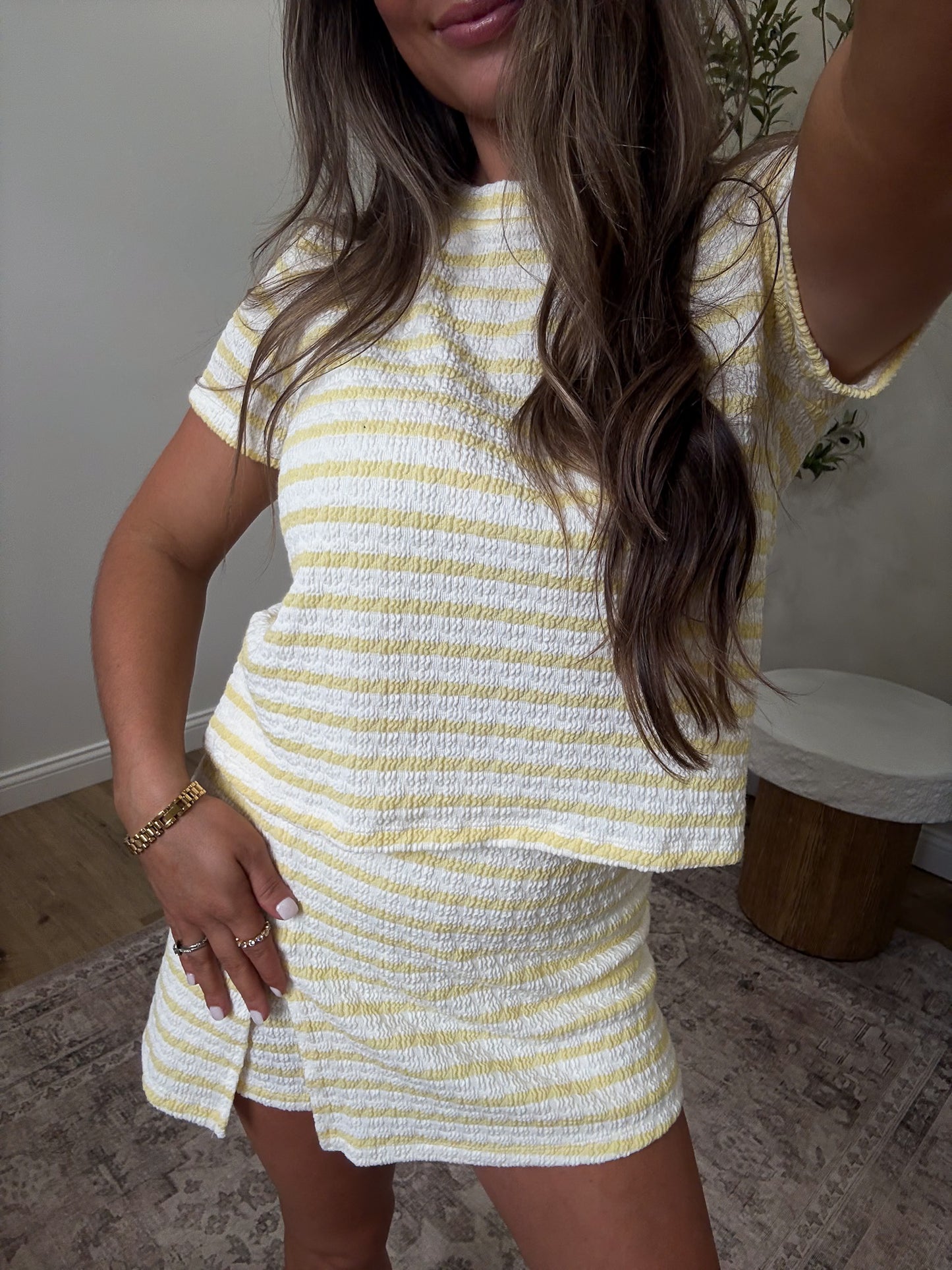 Lemon Kiss Textured Stripe Skort Set - ivory/yellow