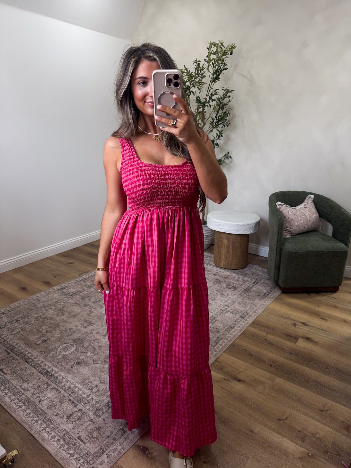 Raspberry Fields Smocked Gingham Maxi - fuchsia multi