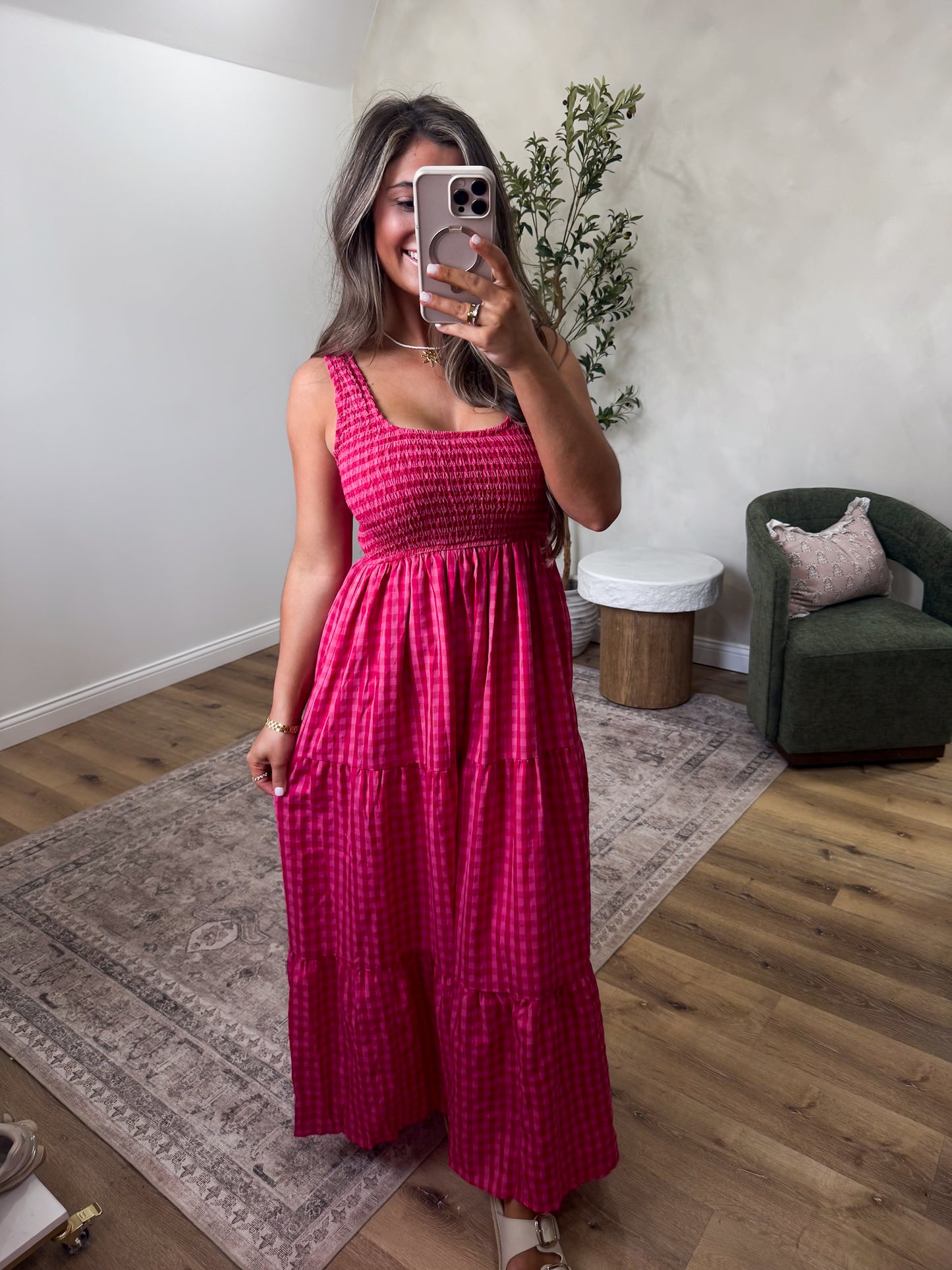 Raspberry Fields Smocked Gingham Maxi - fuchsia multi