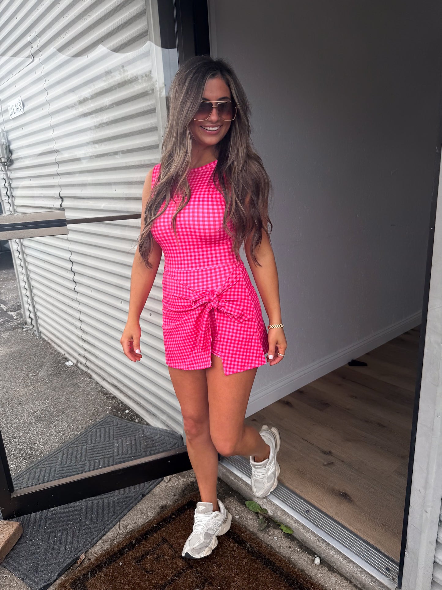 Avery Gingham Active Wrap Dress - hot pink