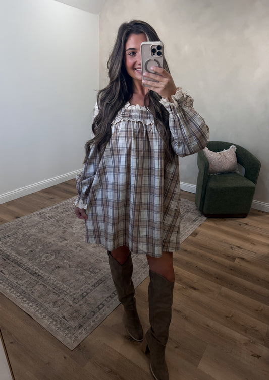 Bridget Plaid Babydoll Mini Dress - taupe/brown *SURPRISE ITEM*