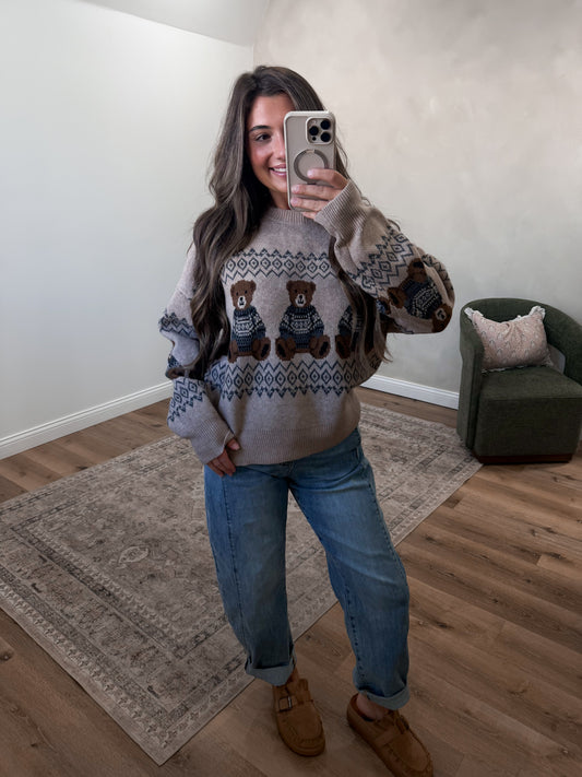Holiday Bear Knit Sweater - khaki