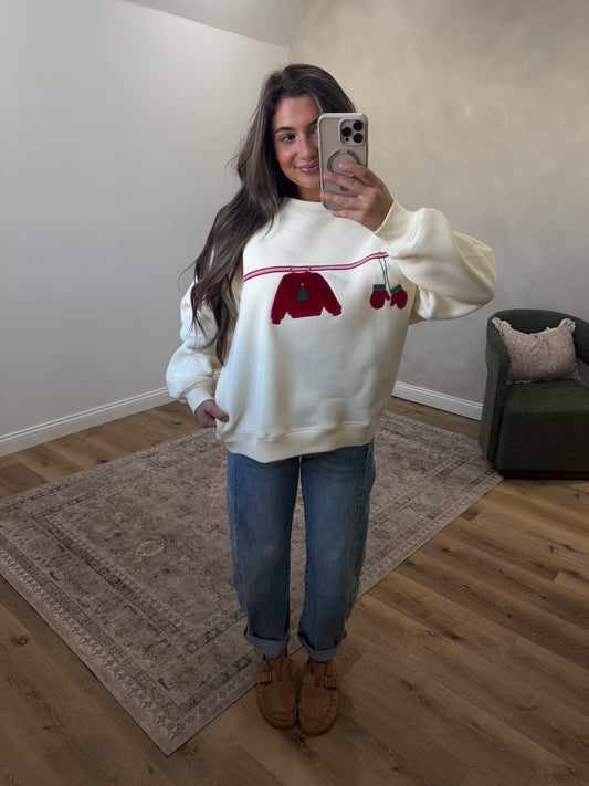 Christmas Clothesline Embroidered Pullover - cream