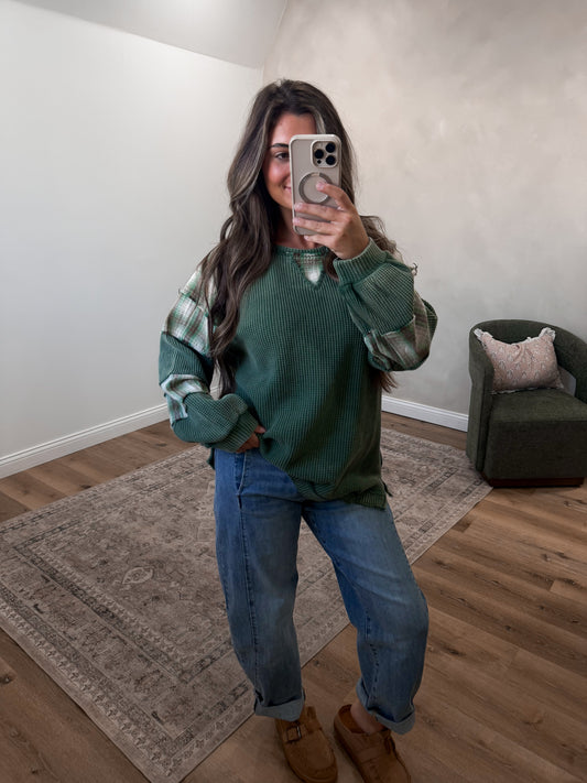 Simple Joys Waffle Knit Patchwork Pullover - dusty green
