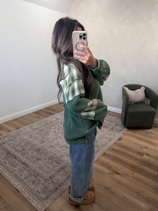 Simple Joys Waffle Knit Patchwork Pullover - dusty green