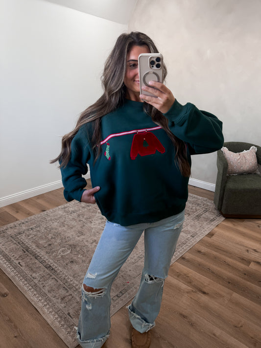Christmas Clothesline Embroidered Pullover - dark green