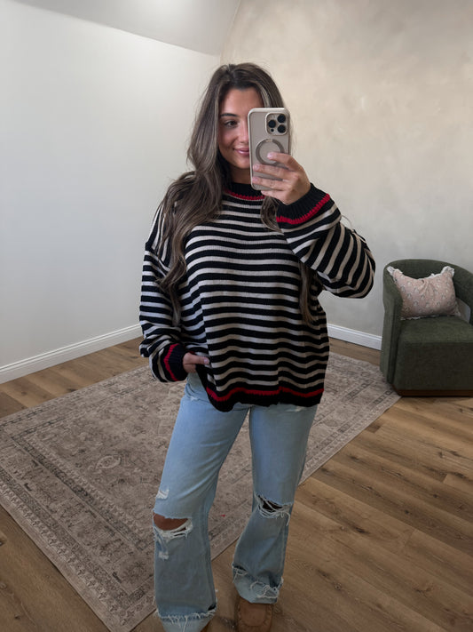 Midnight Merry Striped Knit Sweater - black