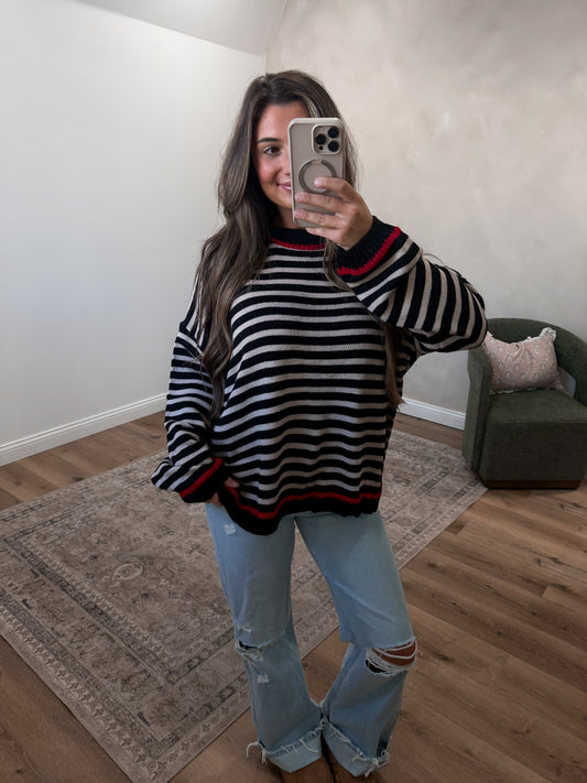 Midnight Merry Striped Knit Sweater - black