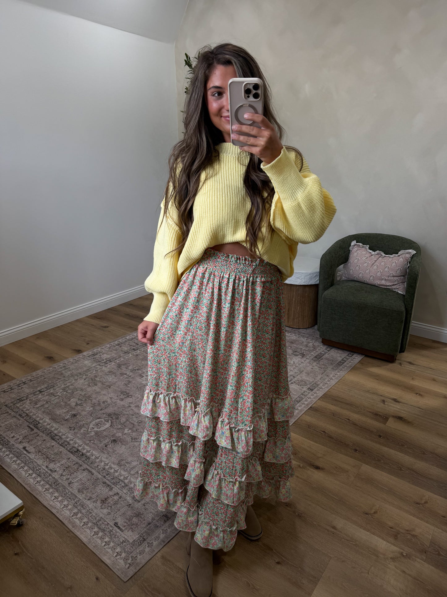 Autumn Rose Floral Ruffle Maxi Skirt - coral