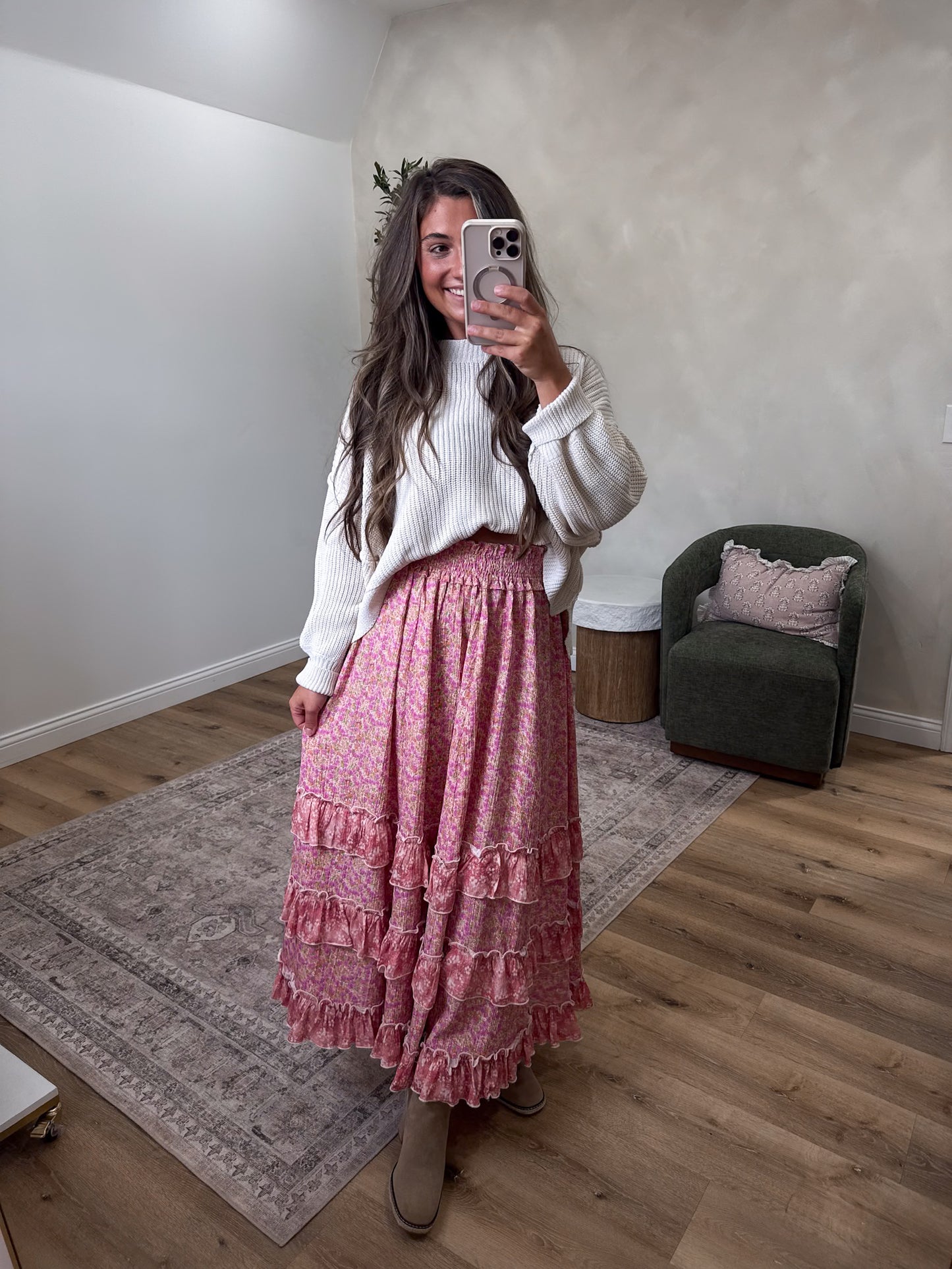 Autumn Rose Floral Ruffle Maxi Skirt - pink