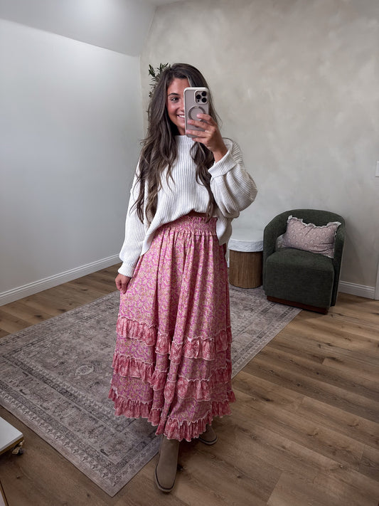 Autumn Rose Floral Ruffle Maxi Skirt - pink
