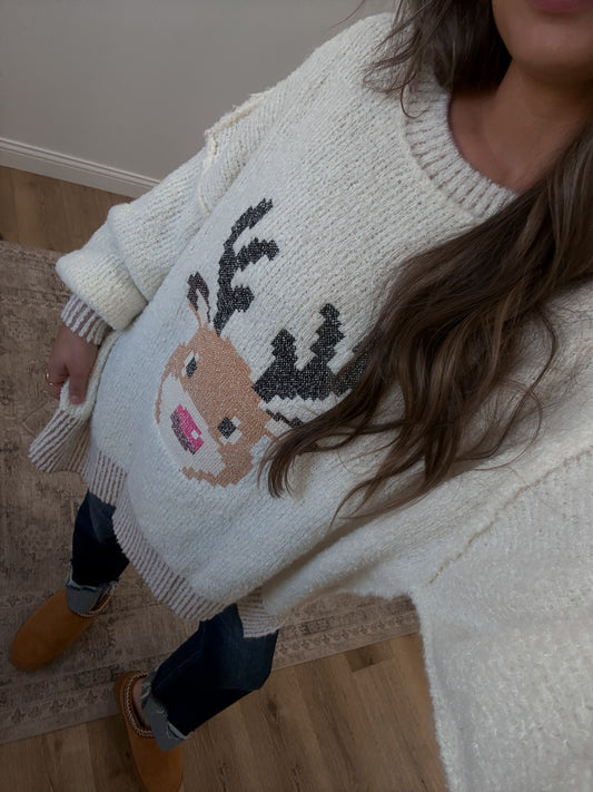 Rudolph Cross Embroidery Sweater - ivory/brown