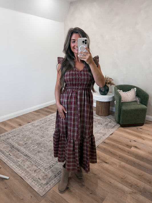 Poetry in Plaid Ruffle Midi Dress - burgundy