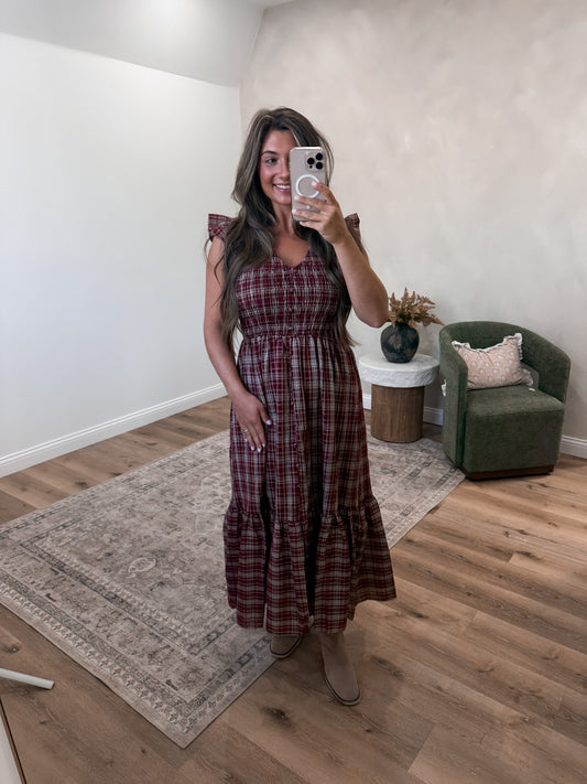 Poetry in Plaid Ruffle Midi Dress - burgundy