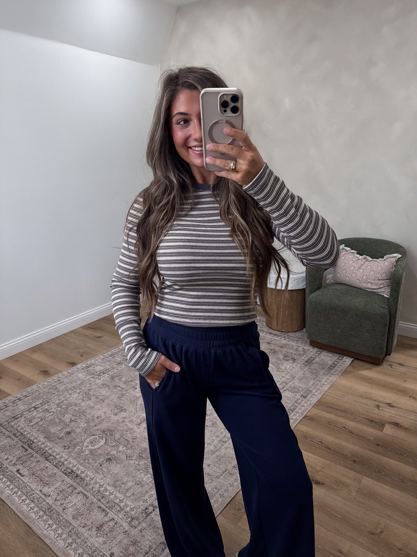 Striped Rayon Long Sleeve Top - grey multi