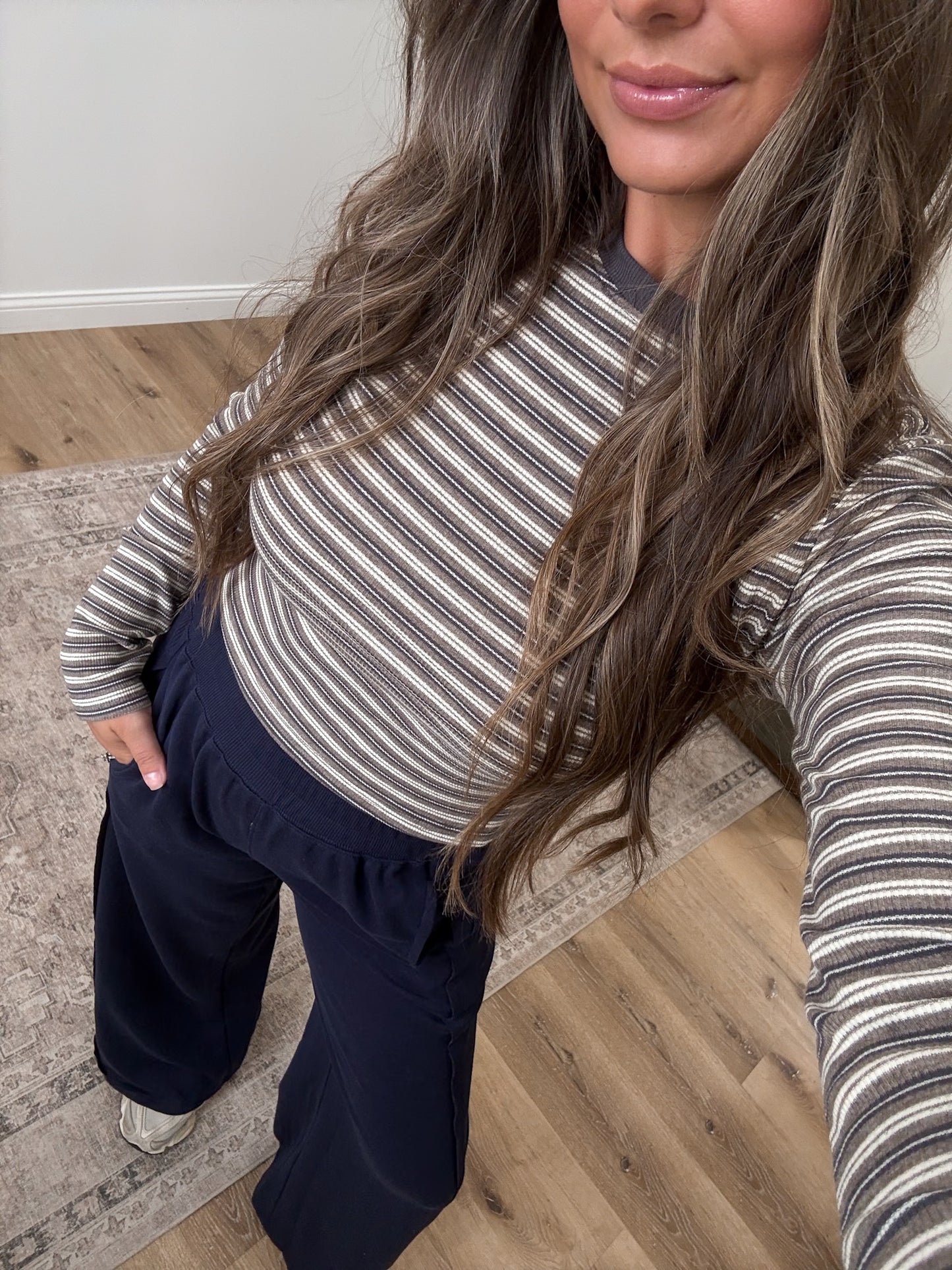 Striped Rayon Long Sleeve Top - grey multi