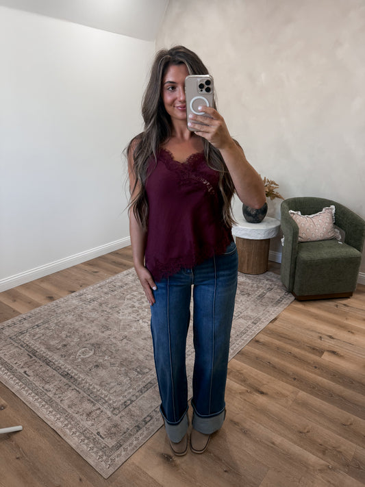 Signature Style Asymmetrical Lace Tank - burgundy