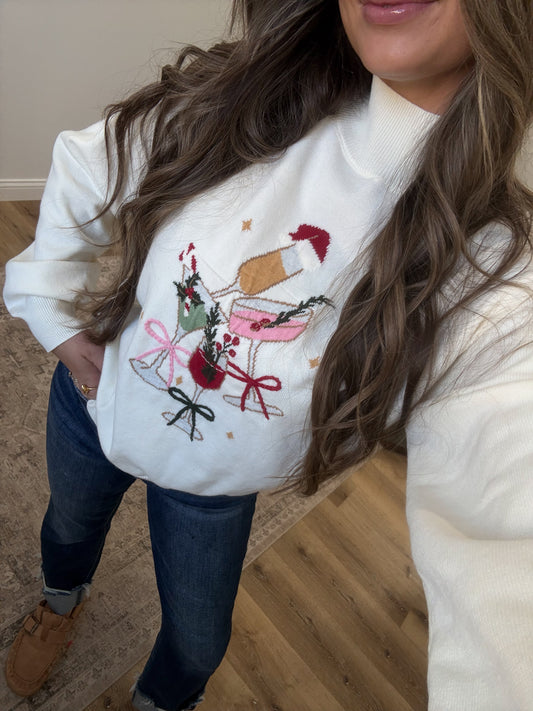 Christmas Cocktails Mock Neck Pullover - cream