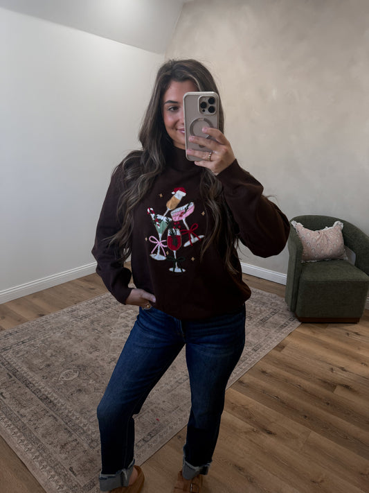 Christmas Cocktails Mock Neck Pullover - brown