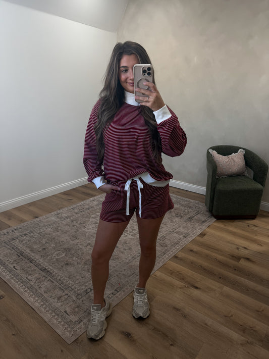 Jayda Mock Neck Pin Stripe Shorts Set - burgundy