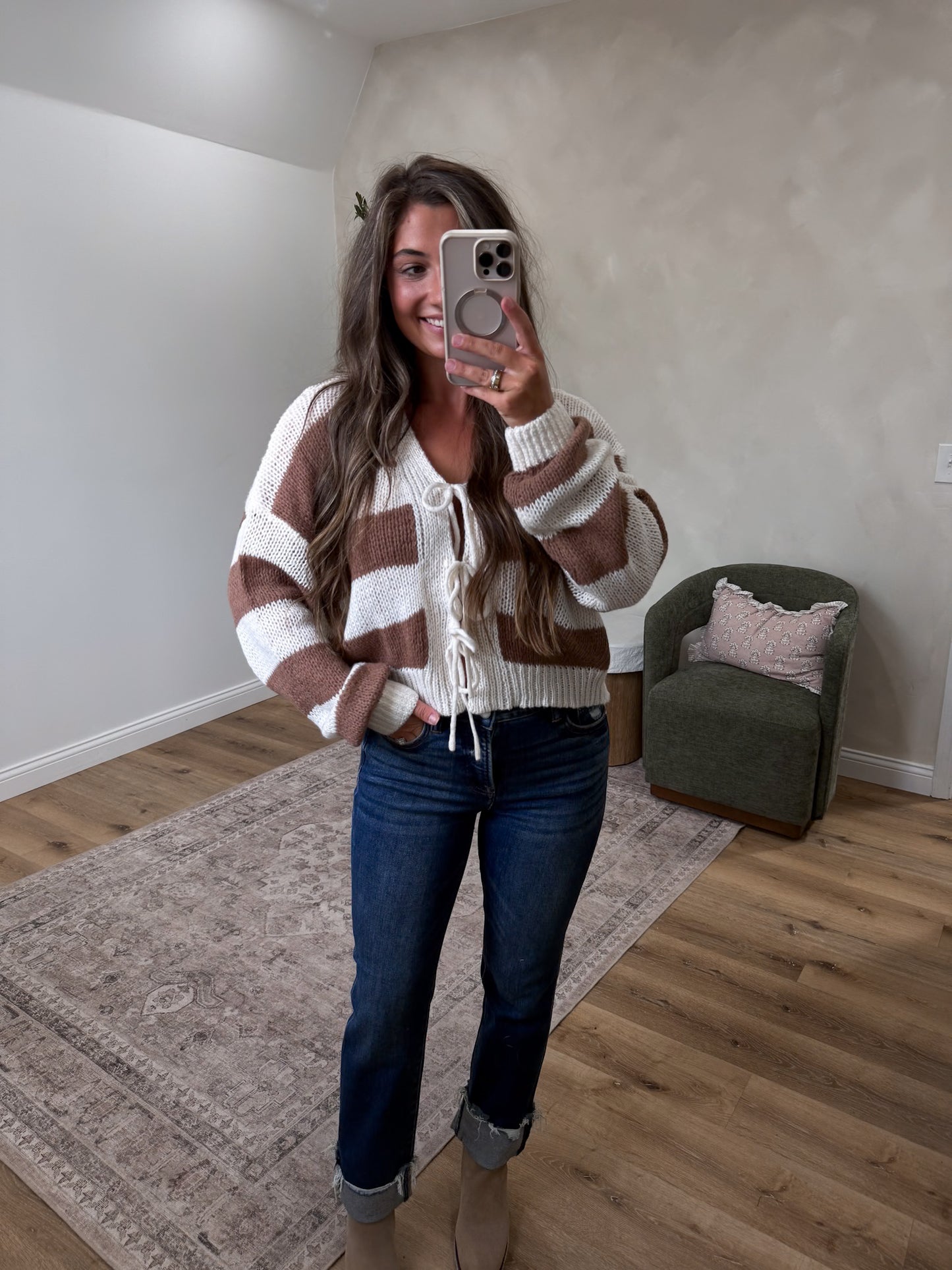 Soft Intent Striped Sweater Cardigan - brown