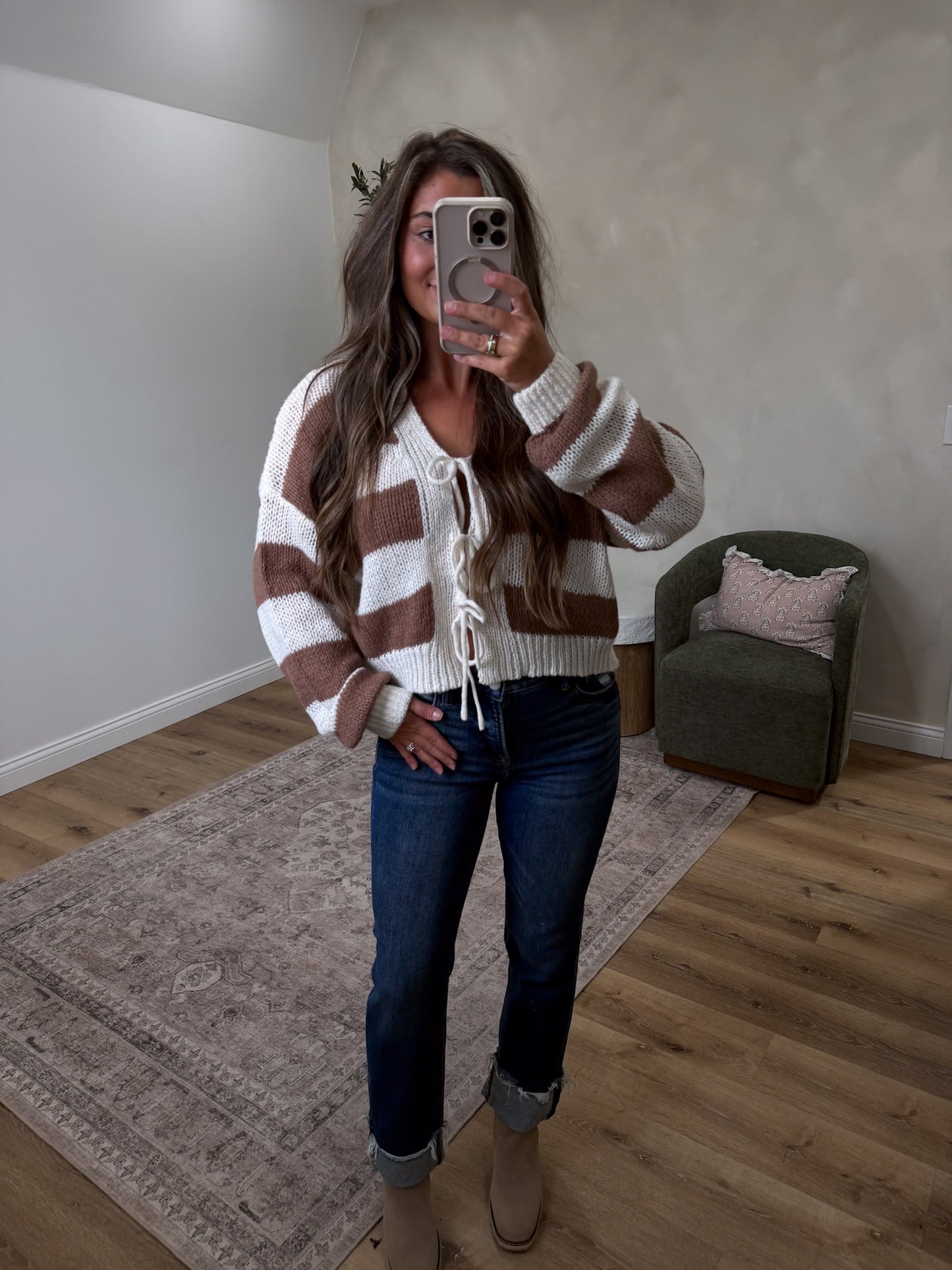 Soft Intent Striped Sweater Cardigan - brown