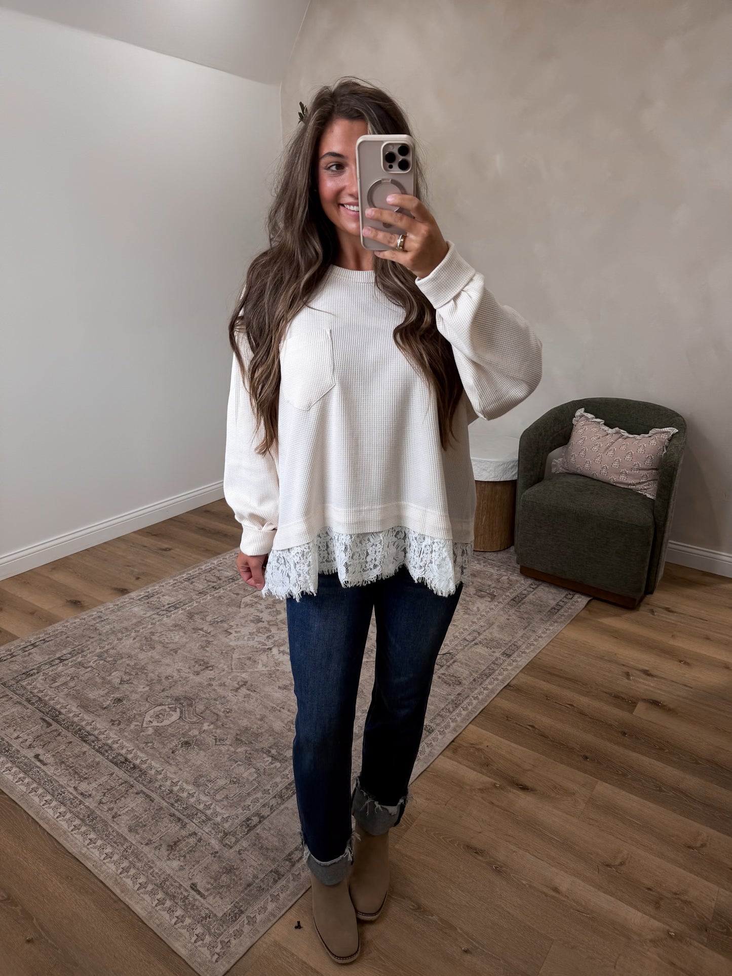 Delilah waffleknit Lace Trim Knit sweater - ivory
