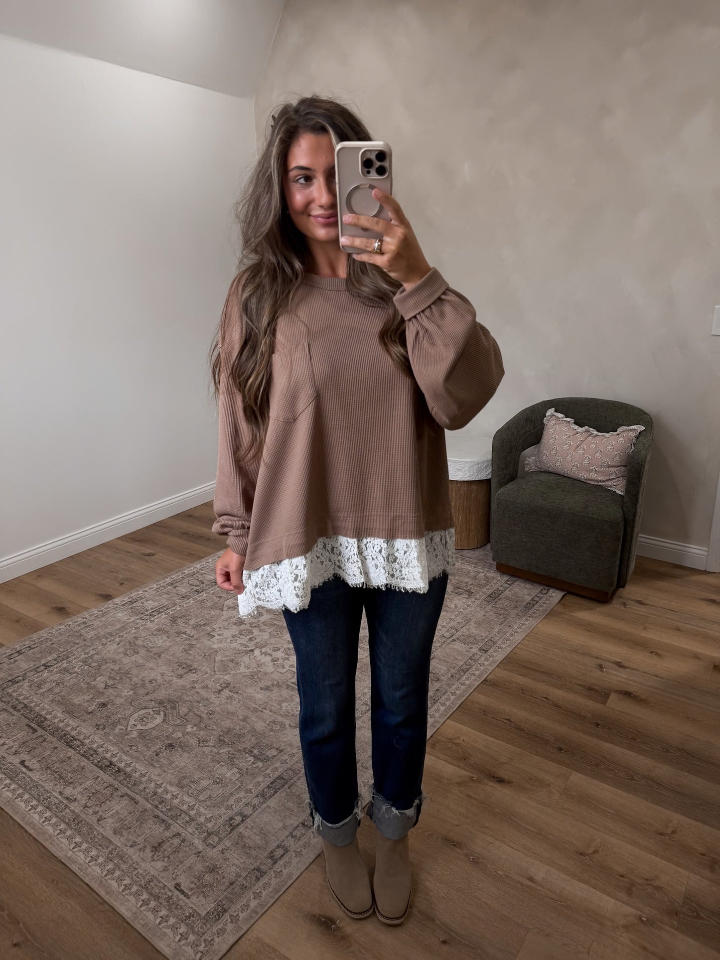 Delilah waffleknit Lace Trim Knit sweater - latte
