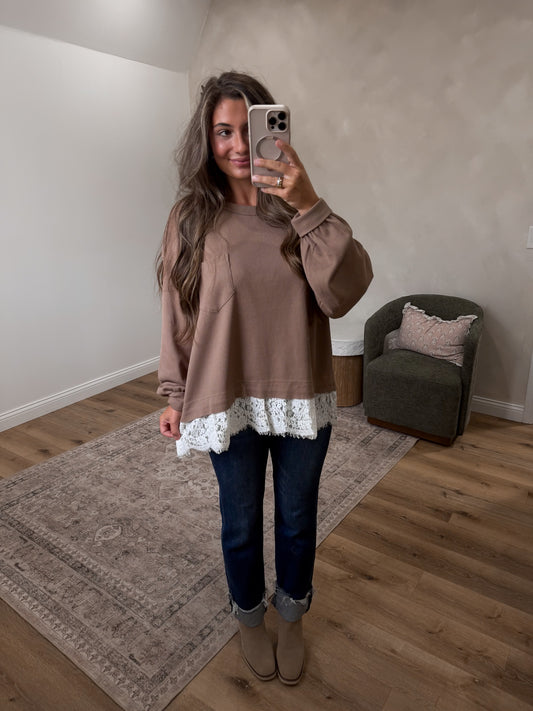 Delilah waffleknit Lace Trim Knit sweater - latte