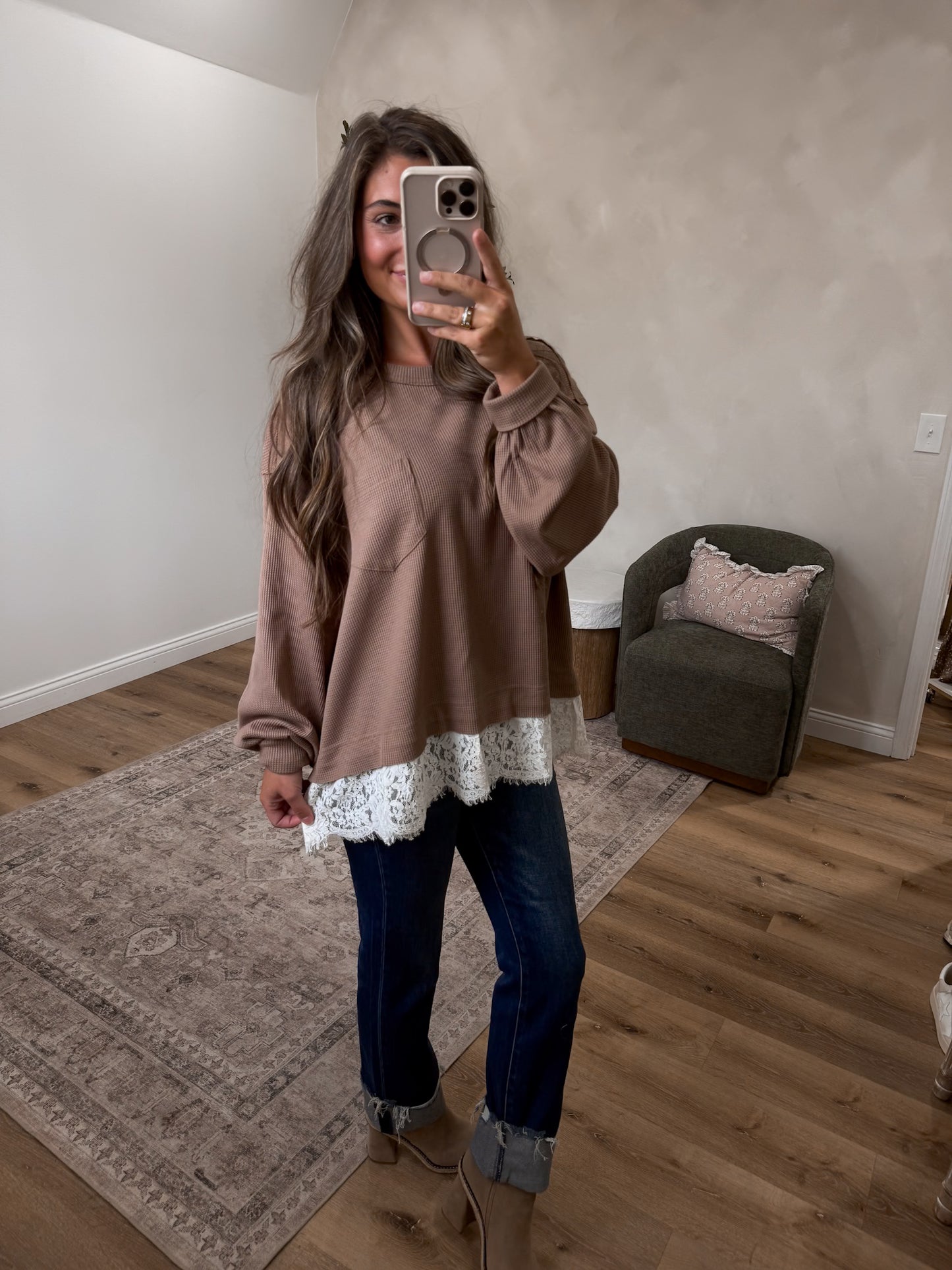 Delilah waffleknit Lace Trim Knit sweater - latte
