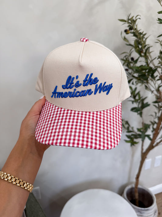It's the American Way Trucker Hat - red gingham