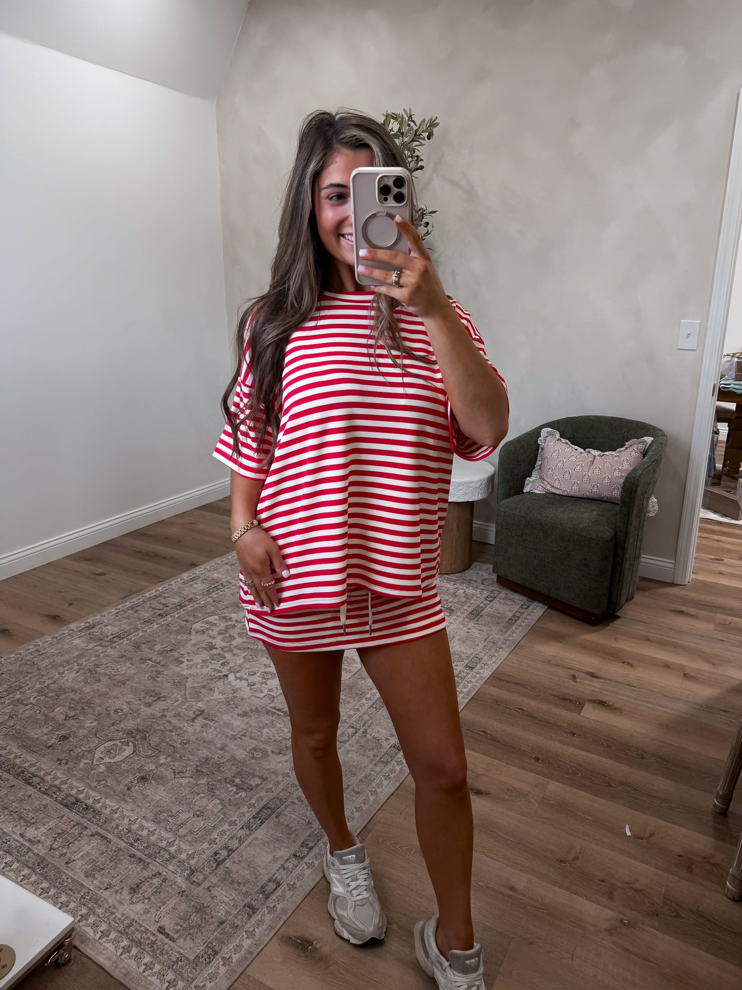The Angelica Striped Oversized Tee & Skort Set - red/white