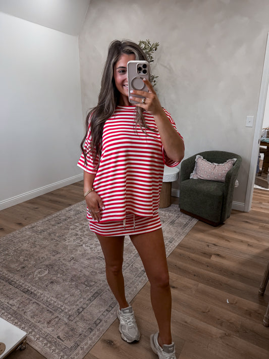 The Angelica Striped Oversized Tee & Skort Set - red/white