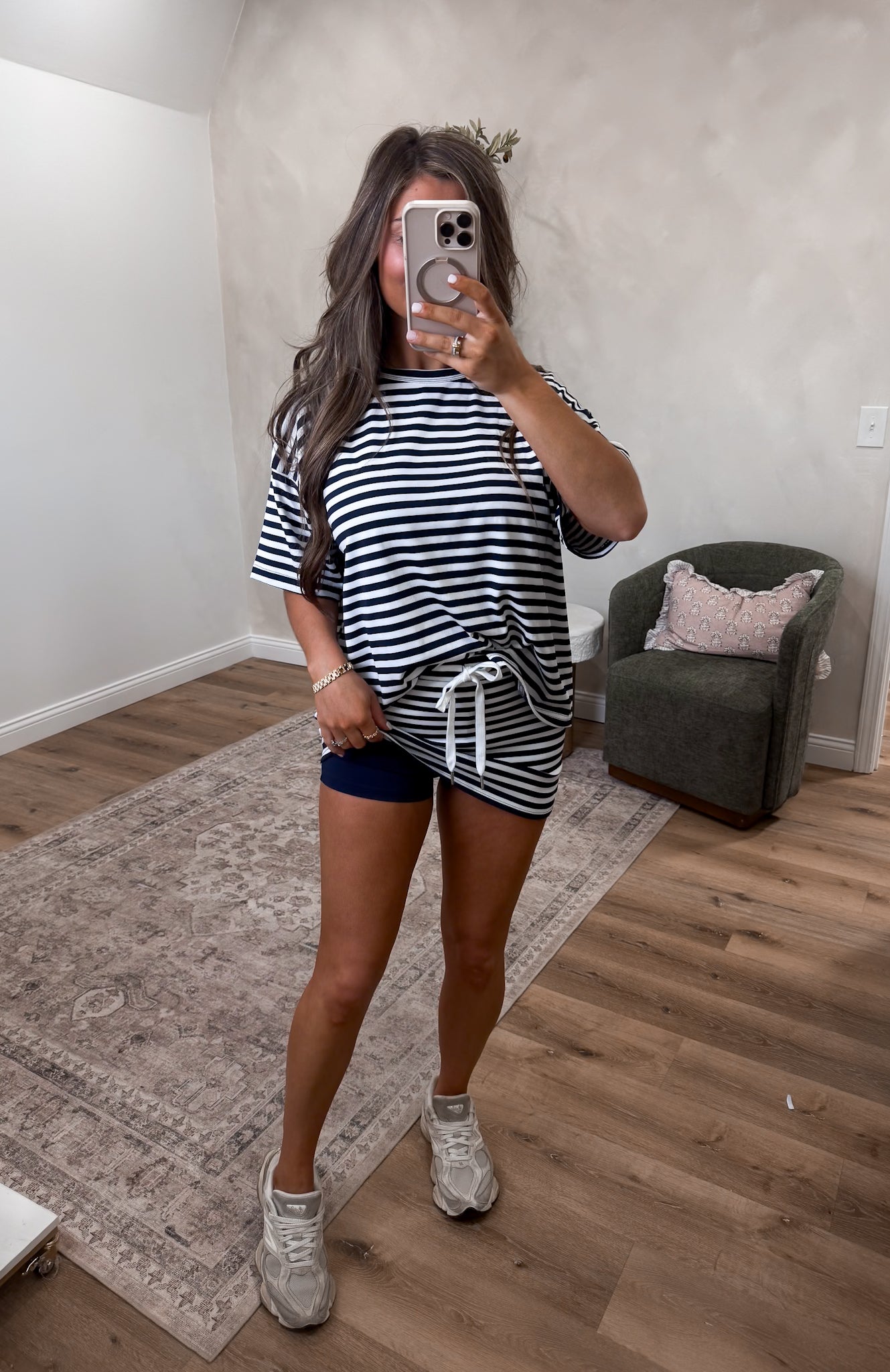 The Angelica Striped Oversized Tee & Skort Set - navy/white