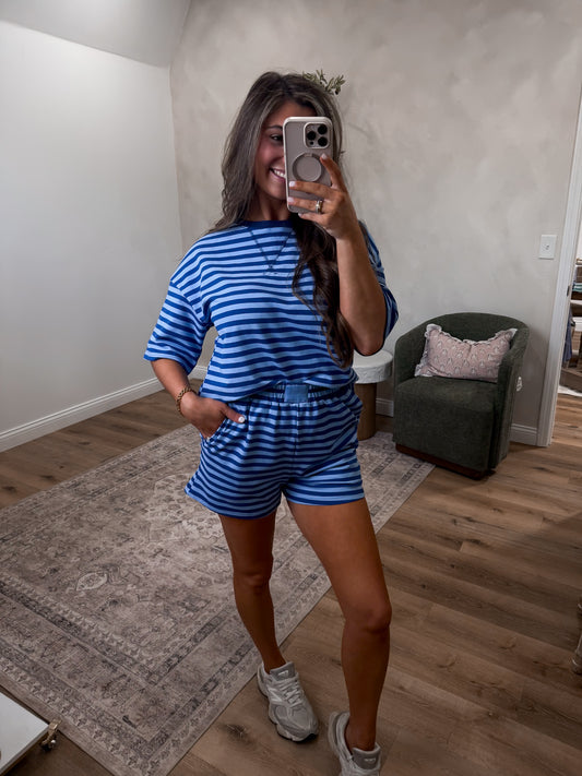 The Kickback Striped Shorts Set - blue stripe