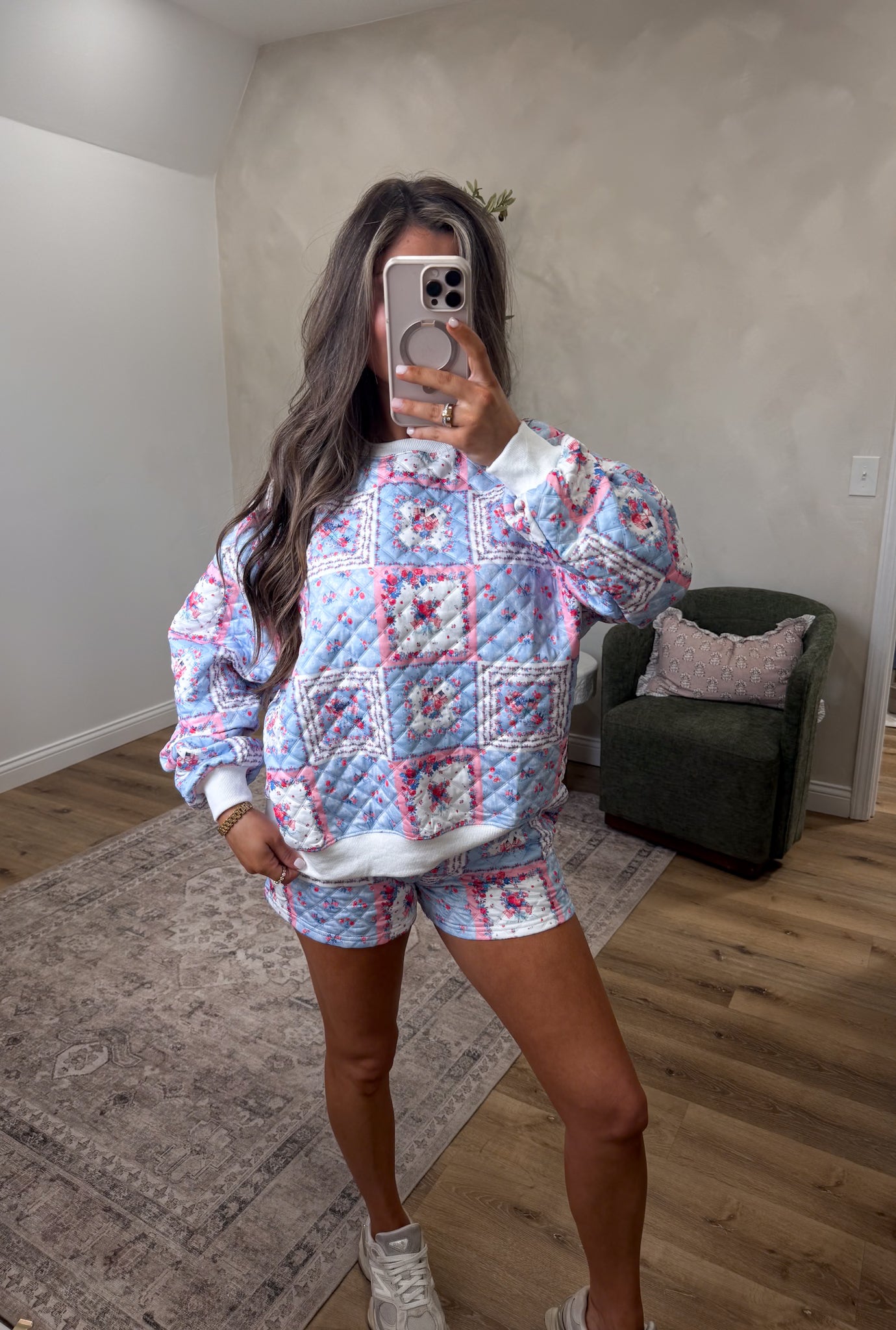 American Flag Floral Patchwork Quilted Shorts Set - red/blue