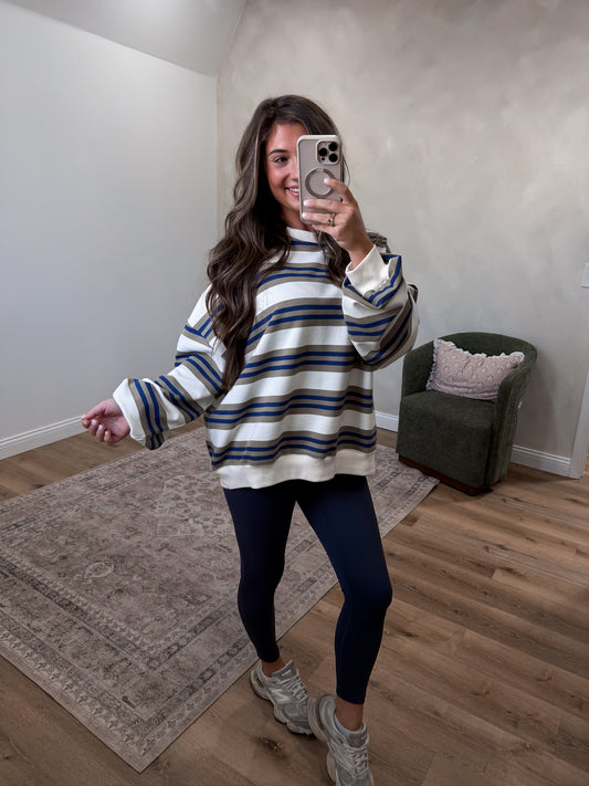 Jasper Striped Terry Pullover - olive/navy