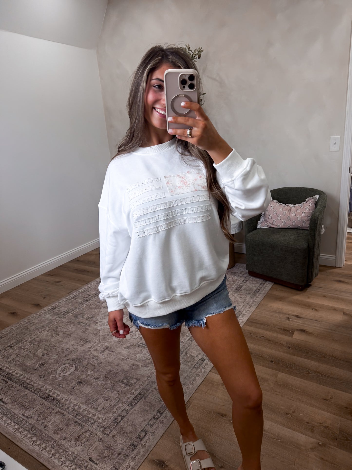 Floral American Flag Oversized Pullover - white