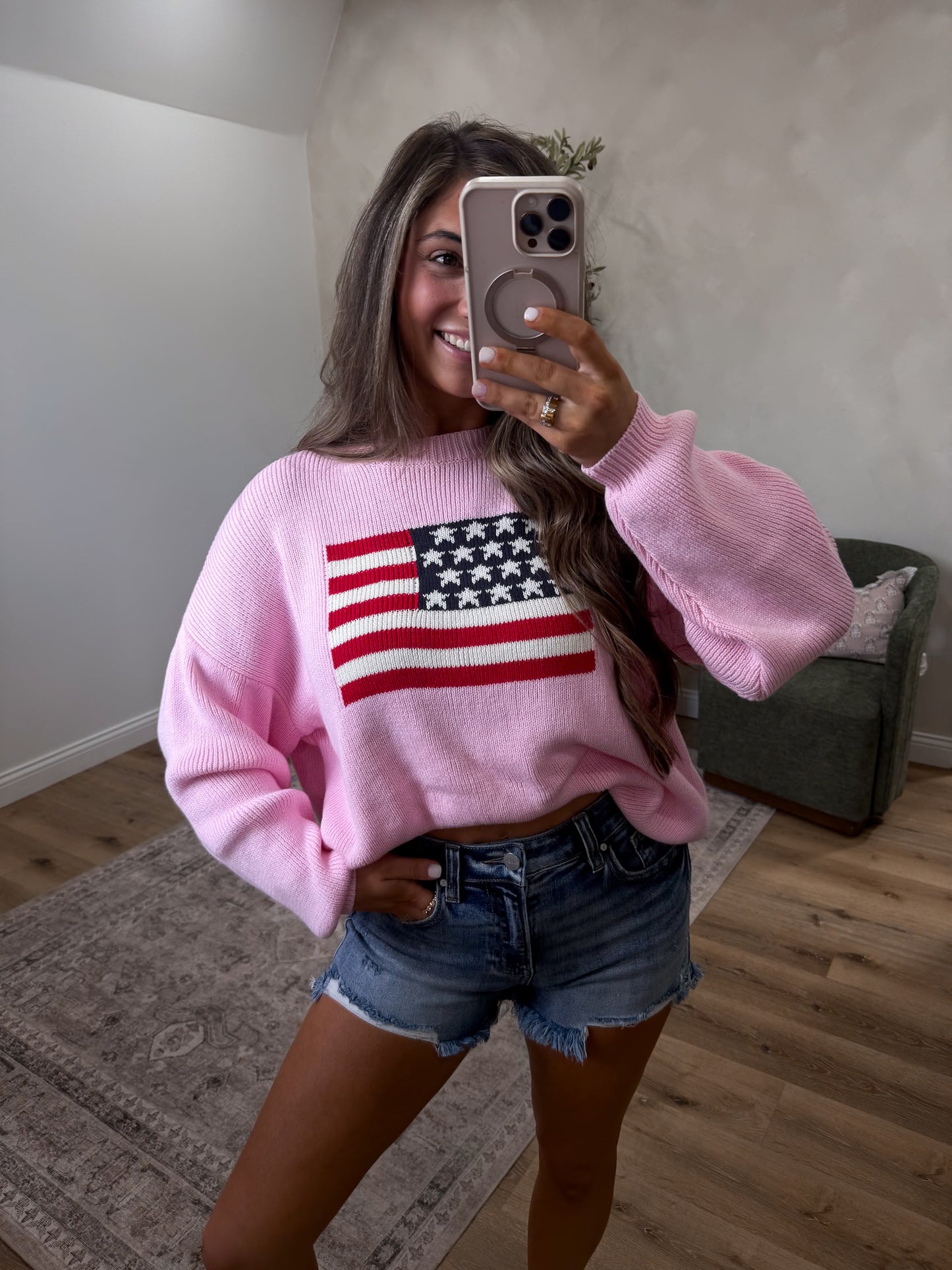American Flag Oversized Sweater - pink