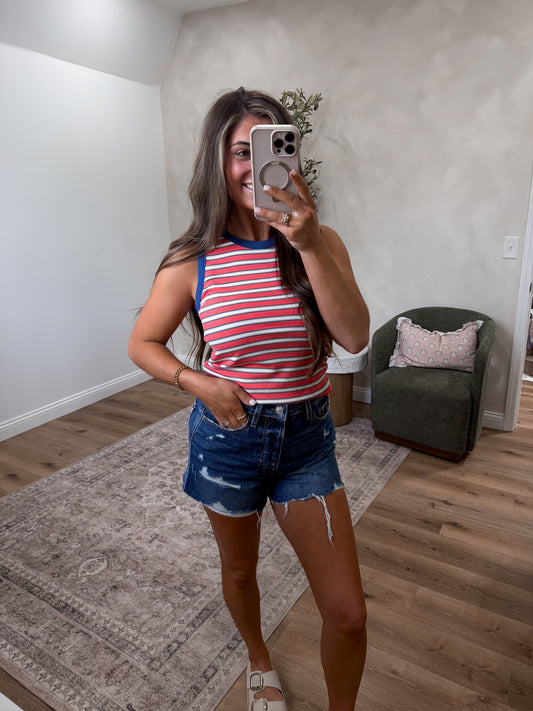 Coastal Contrast Striped Tank - coral/blue
