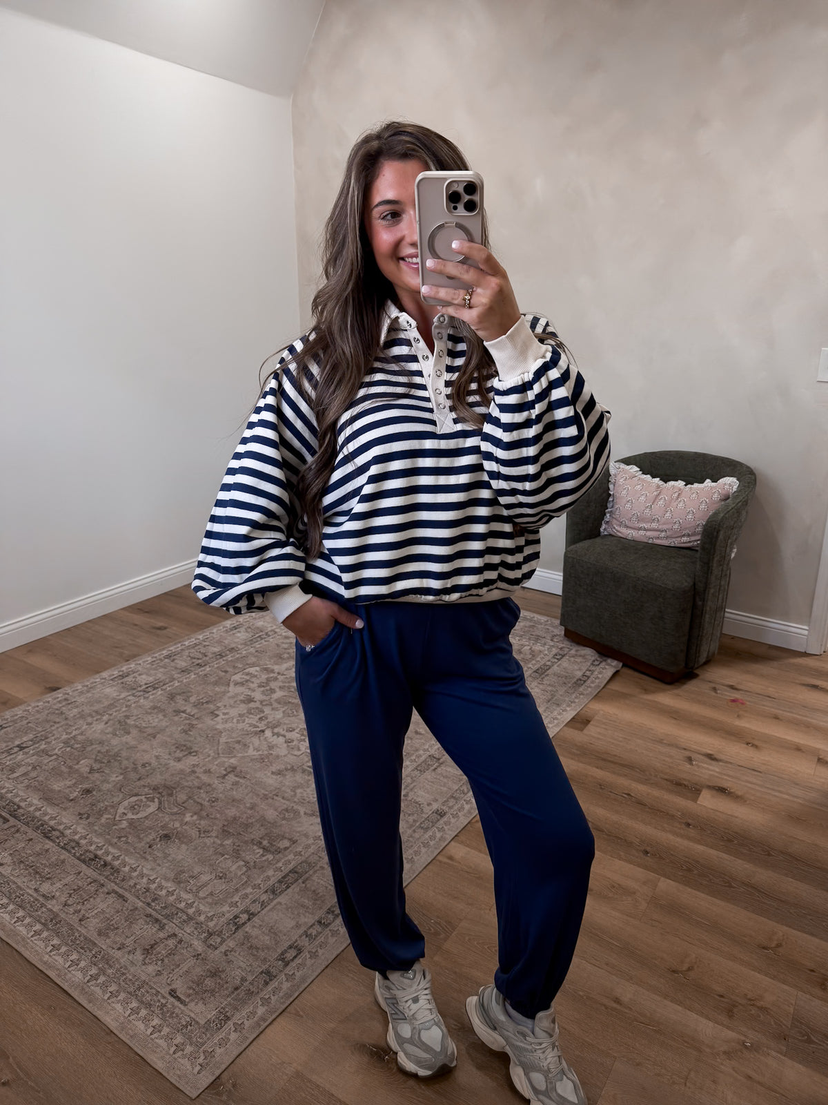 Megan Striped Half Snap Pullover - navy