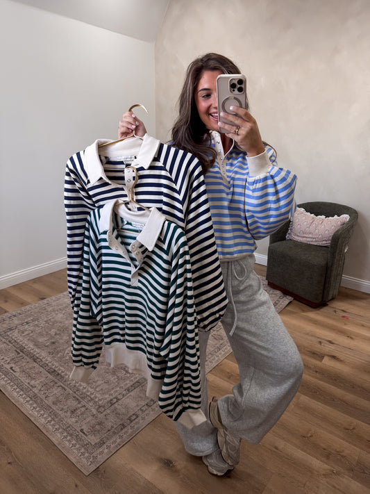 Megan Striped Half Snap Pullover - navy