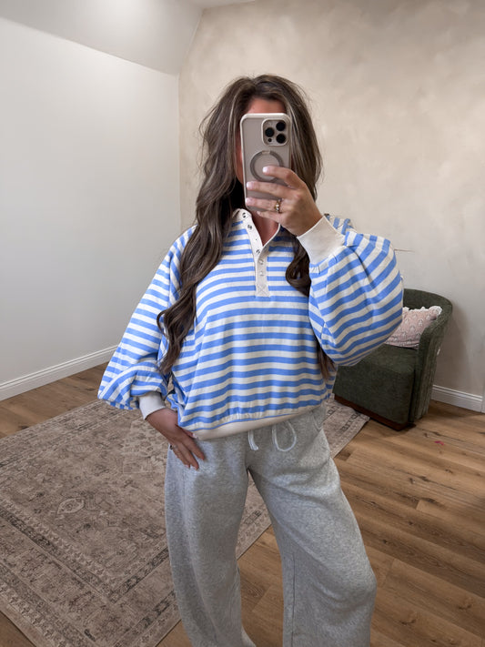Megan Striped Half Snap Pullover - cornflower