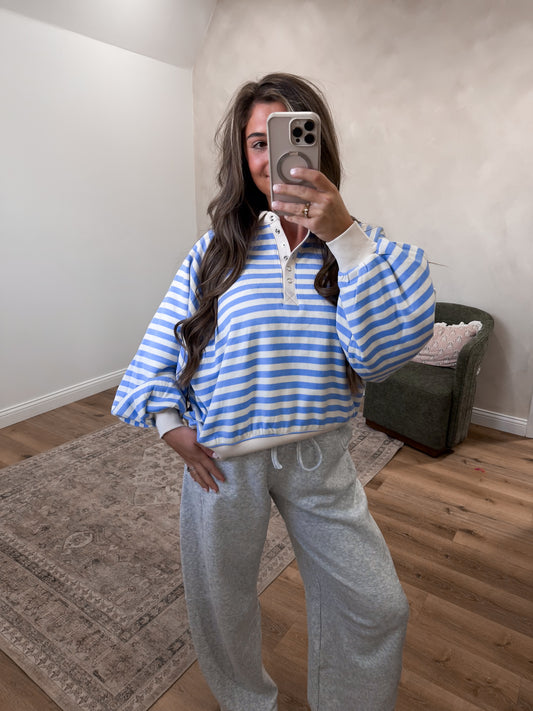 Megan Striped Half Snap Pullover - cornflower
