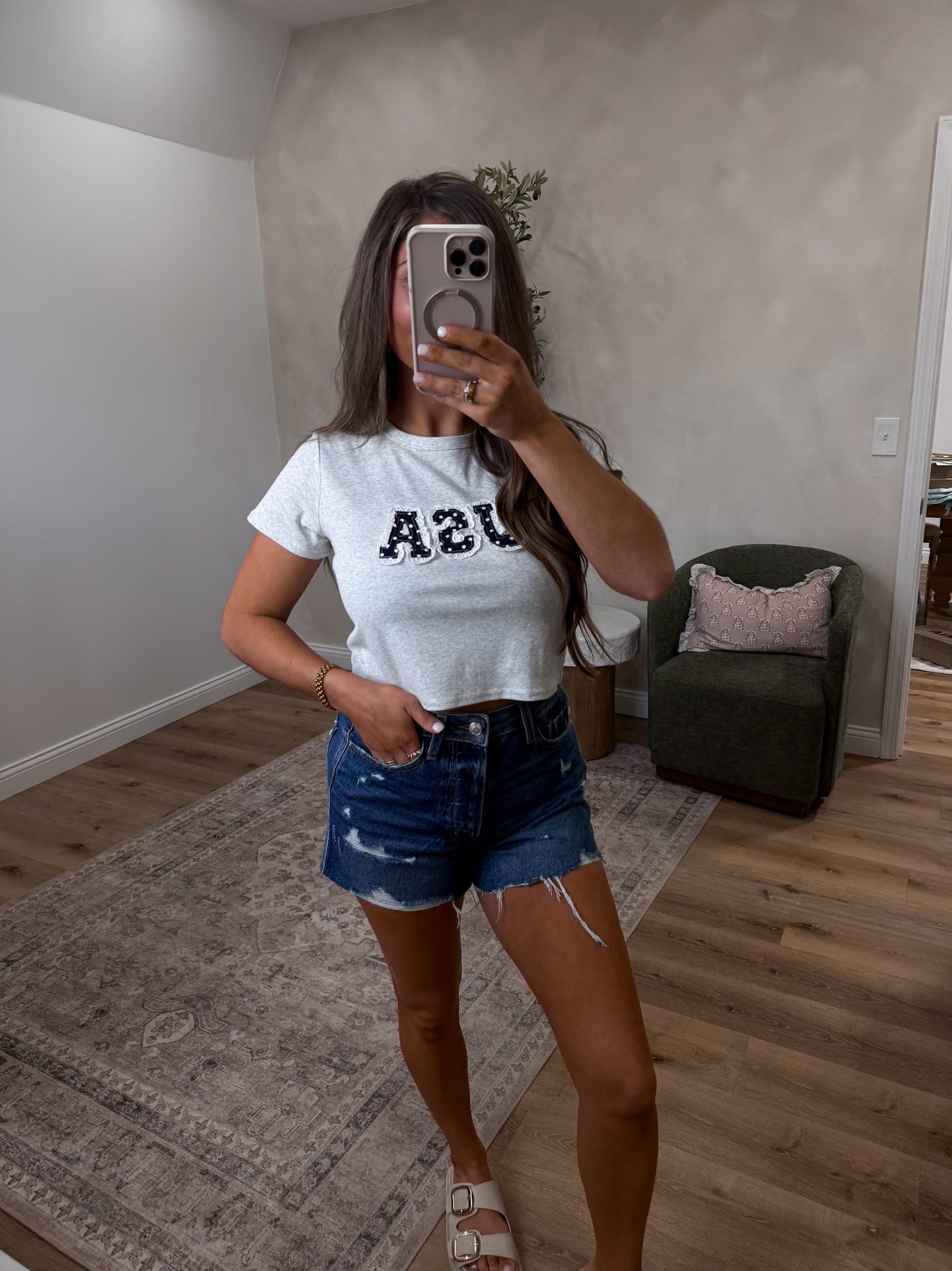 USA Lace Trim Baby Tee - heather grey