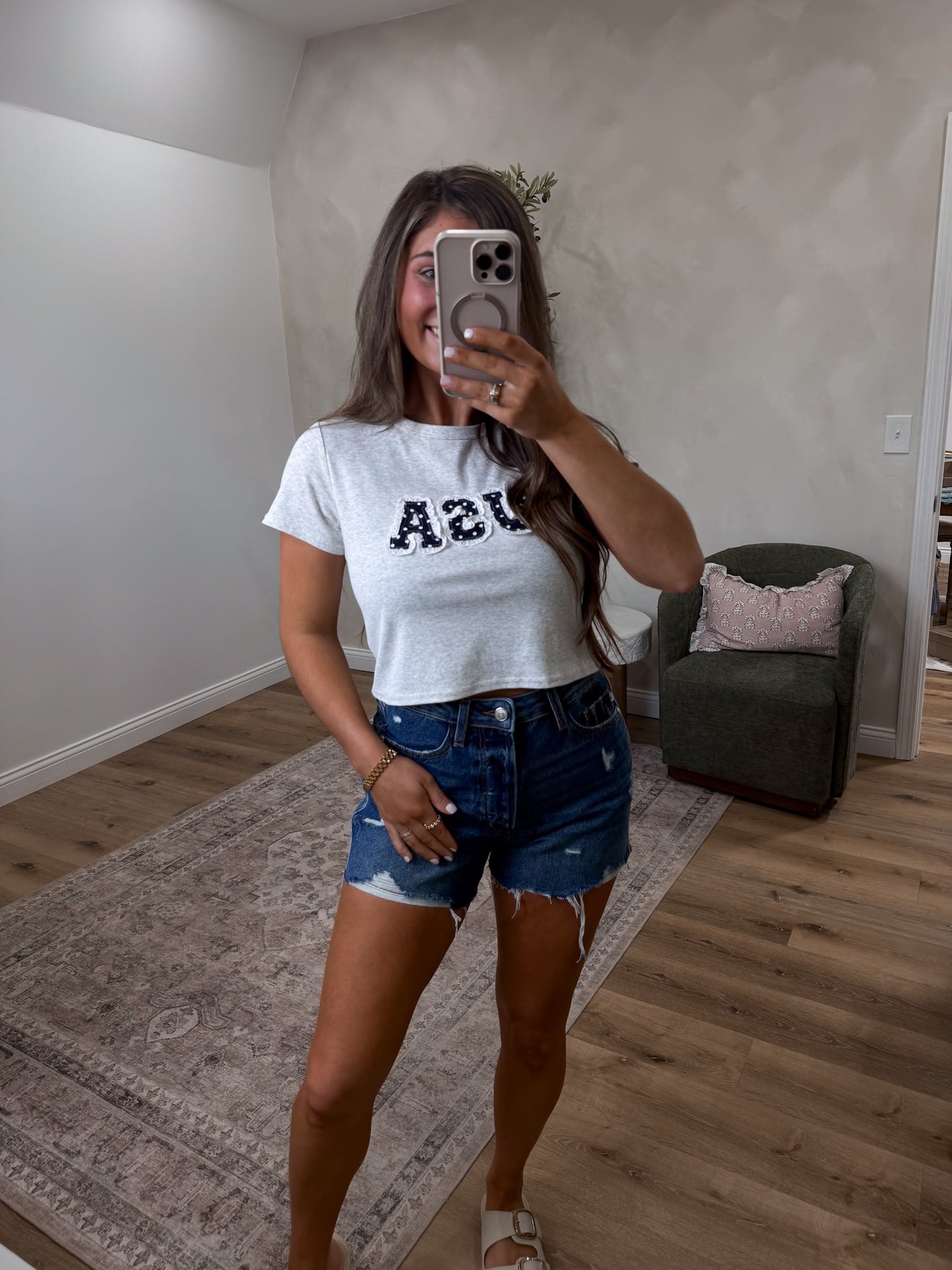 USA Lace Trim Baby Tee - heather grey