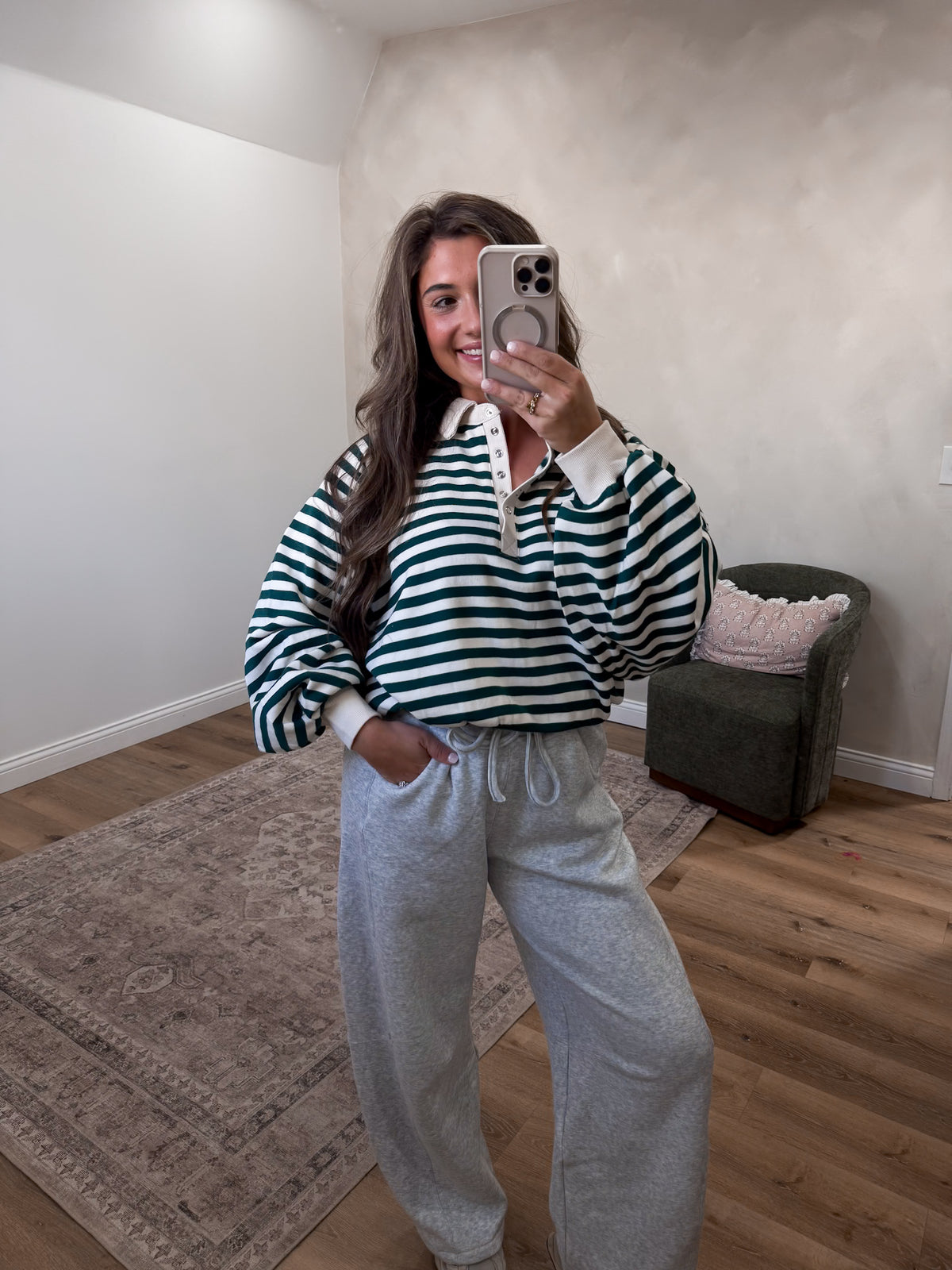 Megan Striped Half Snap Pullover - hunter green